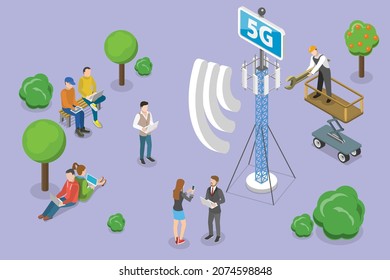 3D Isometric Flat  Conceptual Illustration of 5G Cell Tower, Wireless Hi-speed Internet