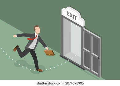 3D Isometric Flat  Conceptual Illustration of Emergency Escape and Evacuation, Exit Business Strategy
