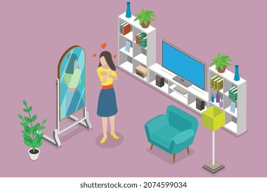 3D Isometric Flat  Conceptual Illustration Of Self Love, Positive Lady In Front Of Mirror