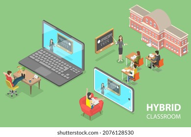 3D Isometric Flat Conceptual Illustration Of Hybrid Classroom, Synchronous Virtual Learning