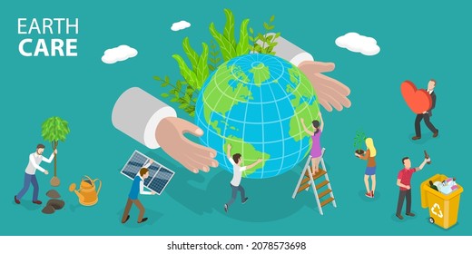 3D Isometric Flat Conceptual Illustration Of Earth Care, Environment Conservation And Planet Saving