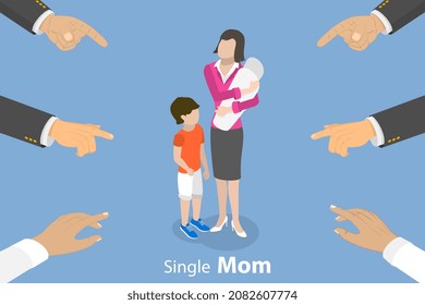 3D Isometric Flat  Conceptual Illustration Of Single Mom, Struggling With Society Criticism