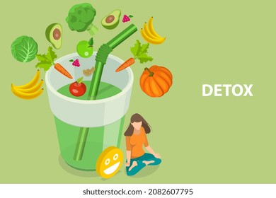 3D Isometric Flat  Conceptual Illustration of Full Body Detox, Natural Green Detox Juice - Powered by Shutterstock