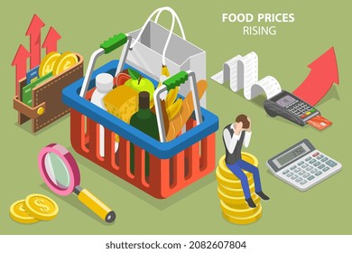 3D Isometric Flat  Conceptual Illustration Of Food Prices Rising, High Family Expenses