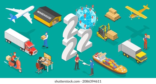 3D Isometric Flat  Conceptual Illustration of New Year and Transport Logistics, Inventory Management and Cargo Delivery - Powered by Shutterstock