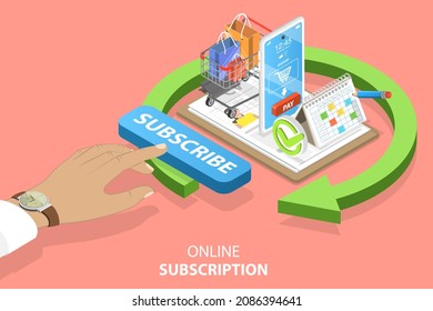 3D Isometric Flat  Conceptual Illustration Of Online Subscription, Recurring Payment For Product Or Service