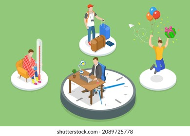 3D Isometric Flat  Conceptual Illustration Of PTO, Paid Time Off, Employee Benefits