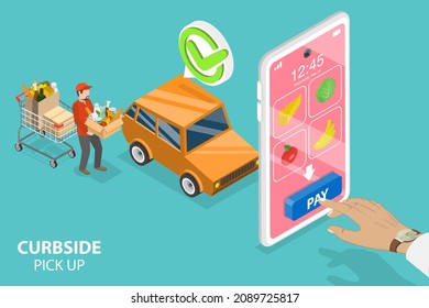 3D Isometric Flat  Conceptual Illustration Of Curbside Pick Up, Food Online Ordering And Delivery