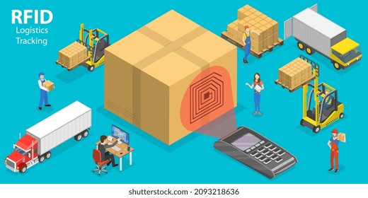 3D Isometric Flat  Conceptual Illustration Of RFID Logistics Tracking, Electromagnetic Track Tag