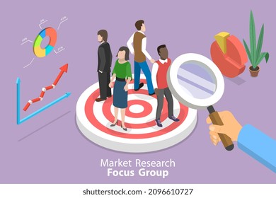 3D Isometric Flat Conceptual Illustration Of Market Research Focus Group, Digital Marking Campaign