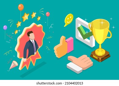 3D Isometric Flat  Conceptual Illustration Of Employee Recognition Award, Congratulation To The Best Worker
