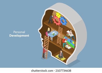 3D Isometric Flat  Conceptual Illustration Of Personal Development, Self Improvement, Growth Mindset And Positive Attitude