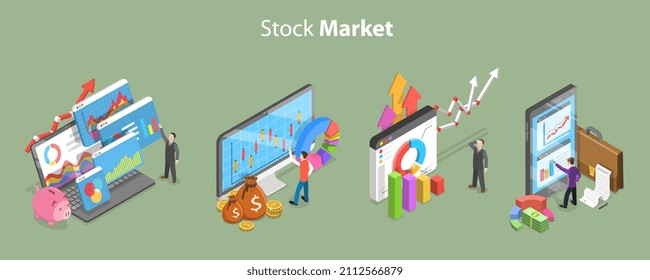 3D Isometric Flat  Conceptual Illustration Of Stock Market, Online Trading Software Scene Set