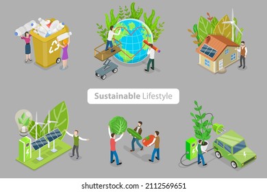 3D Isometric Flat  Conceptual Illustration Of Sustainable Lifestyle, Ecology Awareness And Sustainability