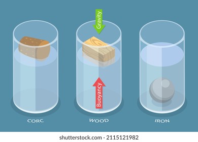 3D Isometric Flat Conceptual Illustration Of Buoyancy Force, Physics Educational Experiment