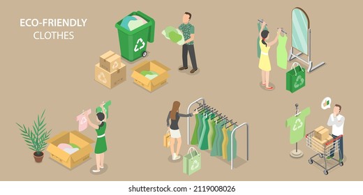 3D Isometric Flat Conceptual Illustration Of Eco-friendly Clothes, Sustainable Fashion, Ethical Clothing Production