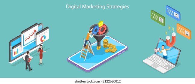 3D Isometric Flat  Conceptual Illustration Of Digital Marketing Strategies, Customer Retention And Lead Generation Campaign