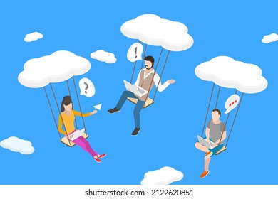 3D Isometric Flat  Conceptual Illustration Of Remote Team Collaboration, Cloud Office And Distant Work