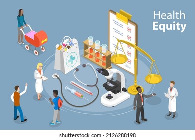 3D Isometric Flat  Conceptual Illustration Of Health Equity , Equal Rights For Everyone