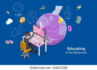 3D Isometric Flat  Conceptual Illustration of Educating In The Metaverse, Online Virtual School