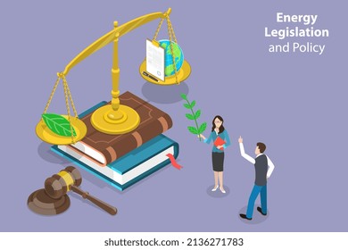 3D Isometric Flat  Conceptual Illustration Of Energy Legislation And Policy, Environmental Protection And Climate Justice