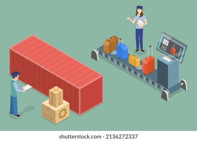 3D Isometric Flat  Conceptual Illustration Of Customs Inspection, Airport Luggage Check