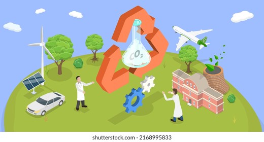 3D Isometric Flat  Conceptual Illustration Of CO2 Recycling, Environmental Zero Waste Nature Friendly Lifestyle