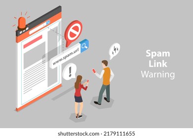 3D Isometric Flat  Conceptual Illustration Of Spam Link Warning, Suspicious And Dangerous Hyperlink