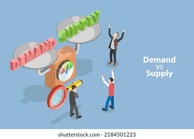 3D Isometric Flat  Conceptual Illustration Of Demand Vs Supply, Economic Model Of Price Determination