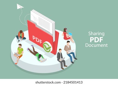 3D Isometric Flat  Conceptual Illustration Of PDF Document, Digital File Sharing