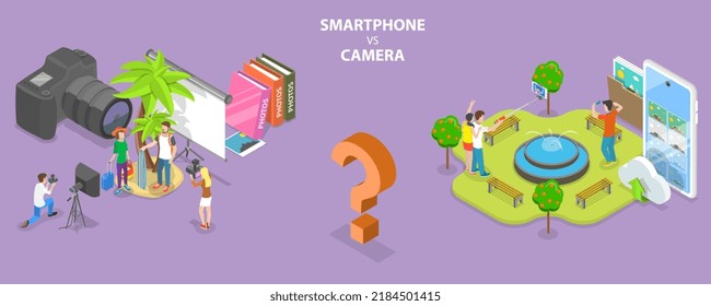 3D Isometric Flat  Conceptual Illustration Of Smartphone Vs Camera, Photography Competition