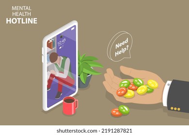 3D Isometric Flat  Conceptual Illustration Of Mental Health Hotline, Psychological Therapy And Treatment