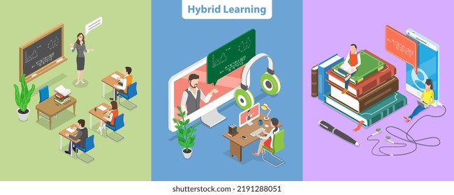 3D Isometric Flat  Conceptual Illustration Of Hybrid Or Blended Learning, Digital Classroom, Online Education