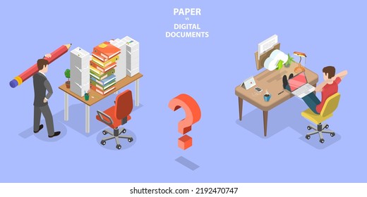 3D Isometric Flat  Conceptual Illustration Of Paper VS Digital Documents, Paperless Office Transformation