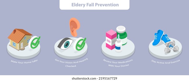 3D Isometric Flat  Conceptual Illustration Of Elderly Fall Prevention, Healthy Lifestyle Advices