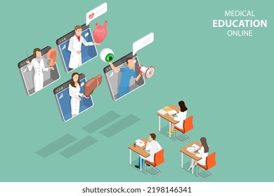 3D Isometric Flat  Conceptual Illustration Of Medical Education Online, Digital Virtual Class