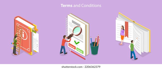 3D Isometric Flat  Conceptual Illustration Of Terms And Conditions, User Manual Guide Book