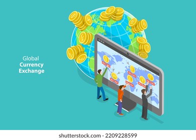 3D Isometric Flat  Conceptual Illustration Of Global Currency Exchange, Online Banking