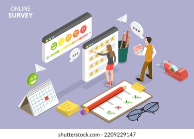 3D Isometric Flat  Conceptual Illustration Of Online Survey, Customer Feedback, Digital Voting