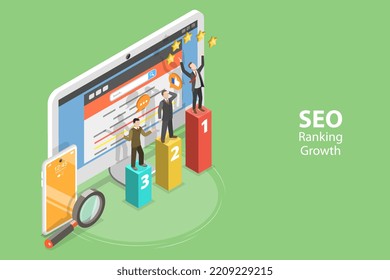 3D Isometric Flat  Conceptual Illustration Of Seo Ranking, Search Engine Optimization