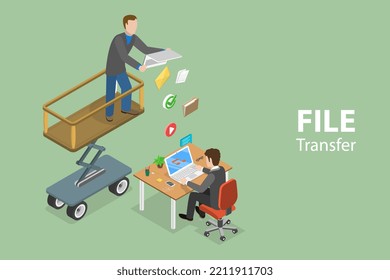 3D Isometric Flat  Conceptual Illustration Of File Transfer, Digital Data Sharing