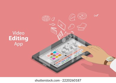 3D Isometric Flat  Conceptual Illustration Of Mobile Video Editing App, Online Content Creating