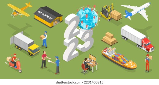 3D Isometric Flat  Conceptual Illustration of New Year 2023 And Transport Logistics, Inventory Management And Cargo Delivery - Powered by Shutterstock