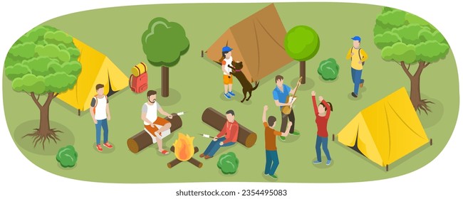 3D Isometric Flat  Conceptual Illustration of Touristic Summer Campground , Camper Tourists Resting During Holiday Adventure - Powered by Shutterstock