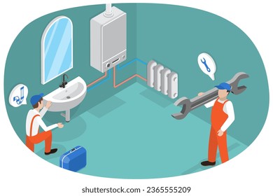 3D Isometric Flat  Conceptual Illustration of Professional Plumber, Repair of Heating System, Boiler, Heating Batteries - Powered by Shutterstock