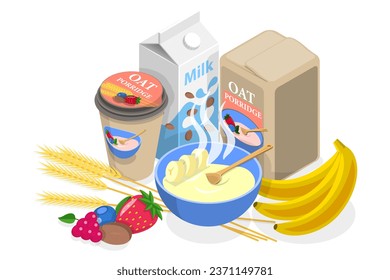 3D Isometric Flat  Conceptual Illustration of Oat Porridge, Healthy Oatmeal Breakfast - Powered by Shutterstock