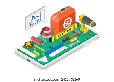 3D Isometric Flat  Conceptual Illustration of Home Renovation App, Online Store - Powered by Shutterstock