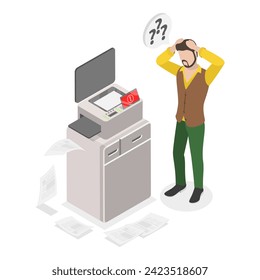 3D Isometric Flat  Conceptual Illustration of Broken Printer, Out of Order Office Equipment