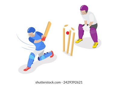 3D Isometric Flat  Conceptual Illustration of Cricket Championship, Indian and Pakistani Most Popular Sport