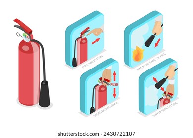 3D Isometric Flat  Conceptual Illustration of How To Use A Fire Extinguisher, Safety Manual